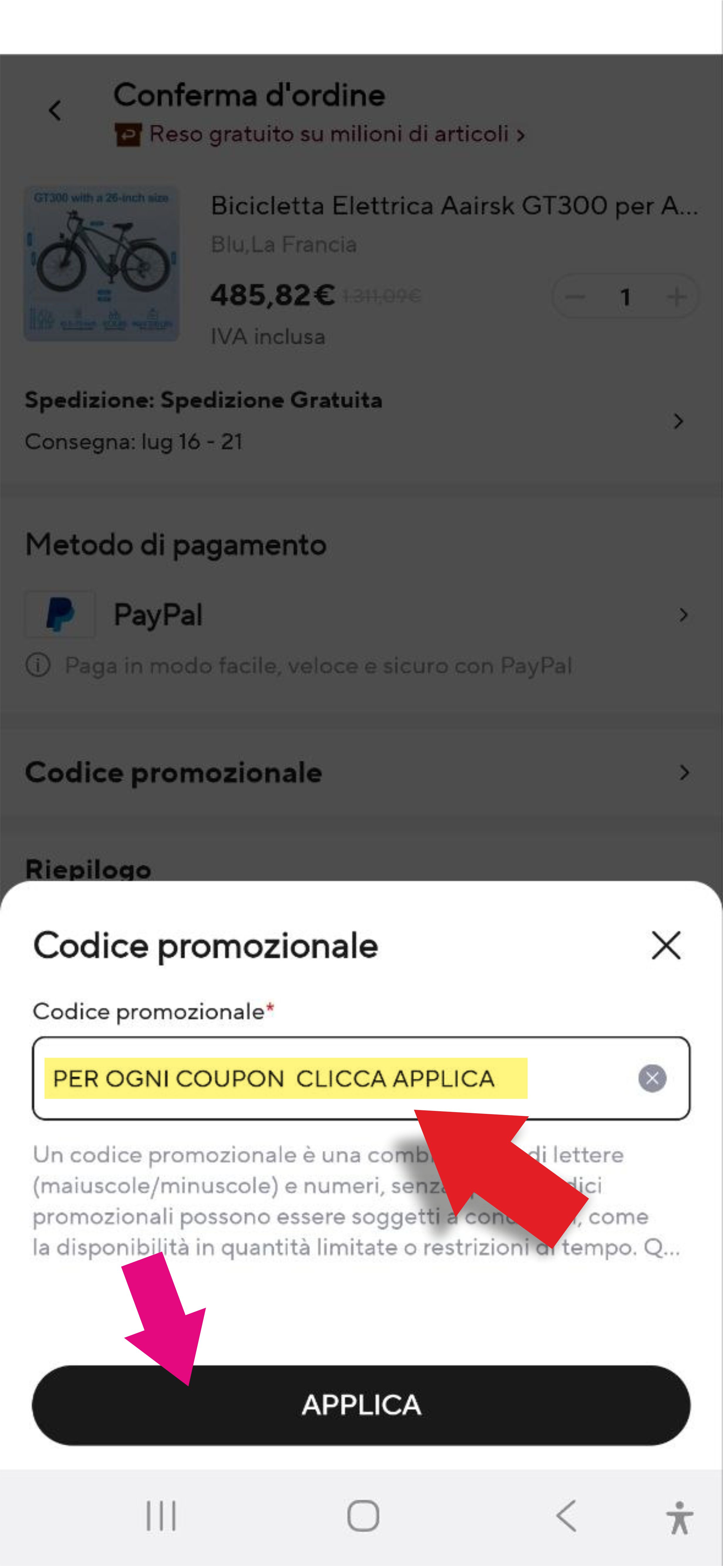 Campo per inserire un codice promozionale AliExpress